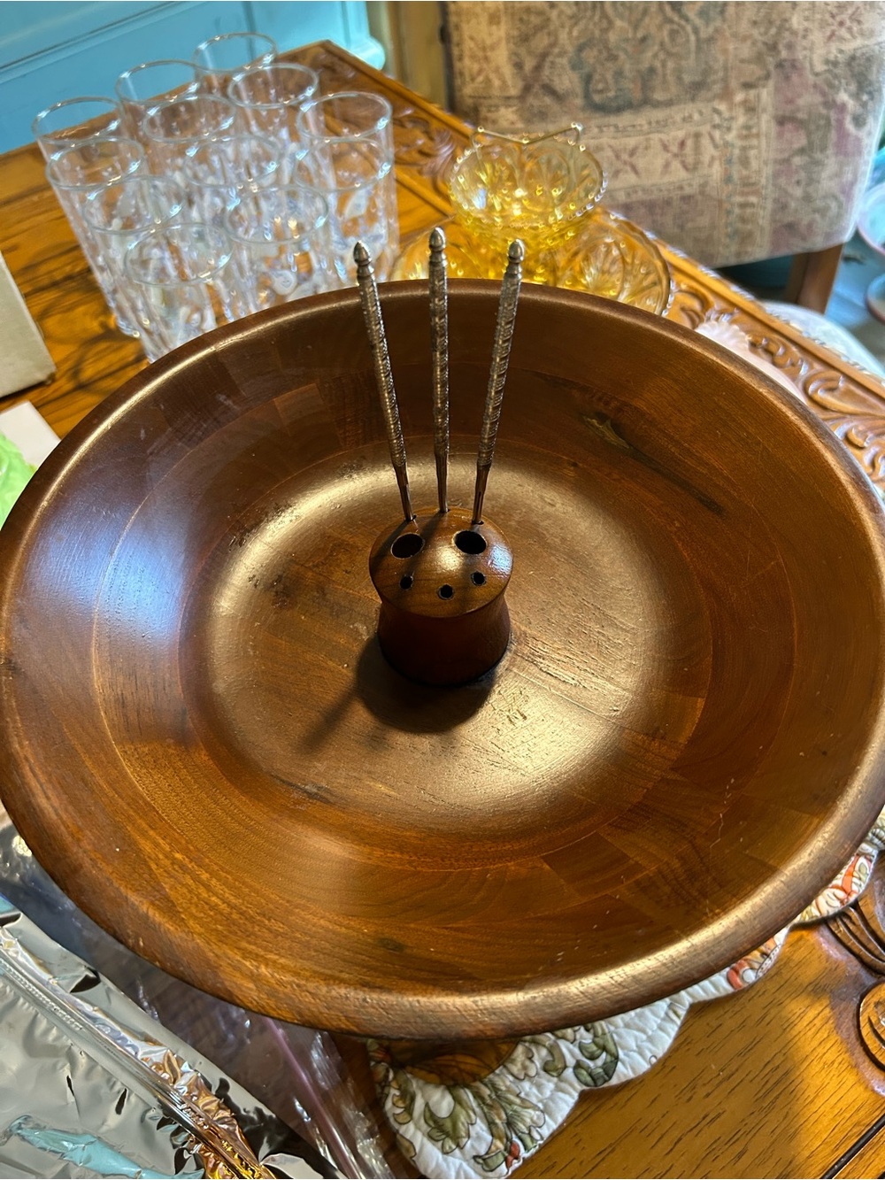 Wooden Serving Bowl with Pick Holder - Brown